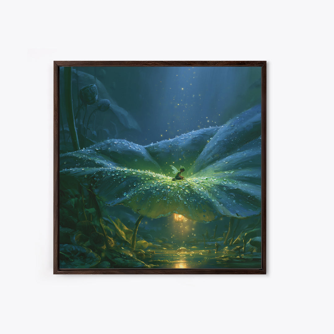 Tiny Fairy Resting on a Dew Covered Framed Canvas Print, Fairy Tale Art, Boho Decor, Living Room Decor, Fine Art, Storybook, FTA-1x1-79