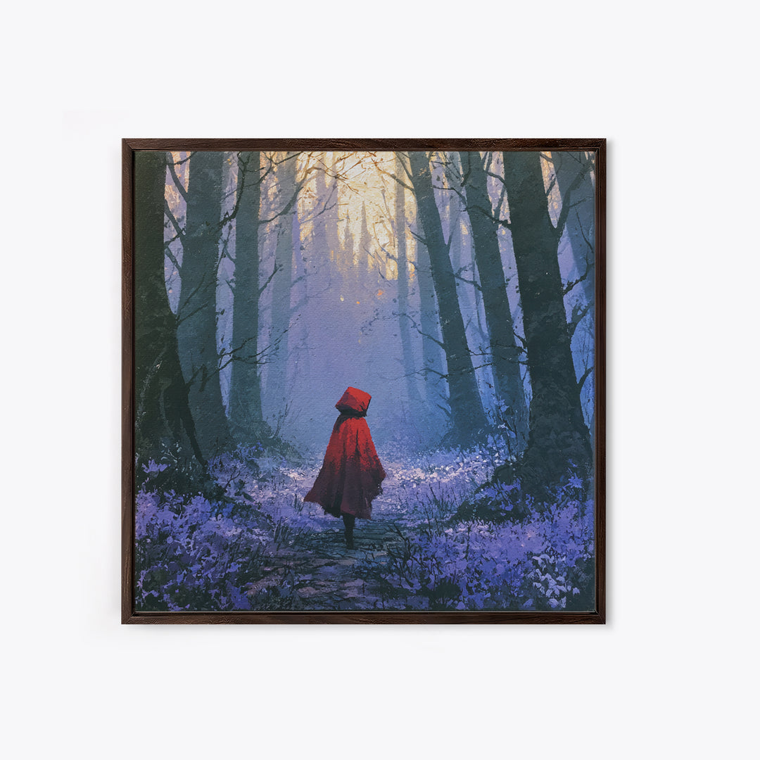 Red Cloak Figure Walking Through Dark Woods Framed Canvas Print, Fairy Tale Art, Original Art, Living Room Decor, Storybook, FTA-1x1-8