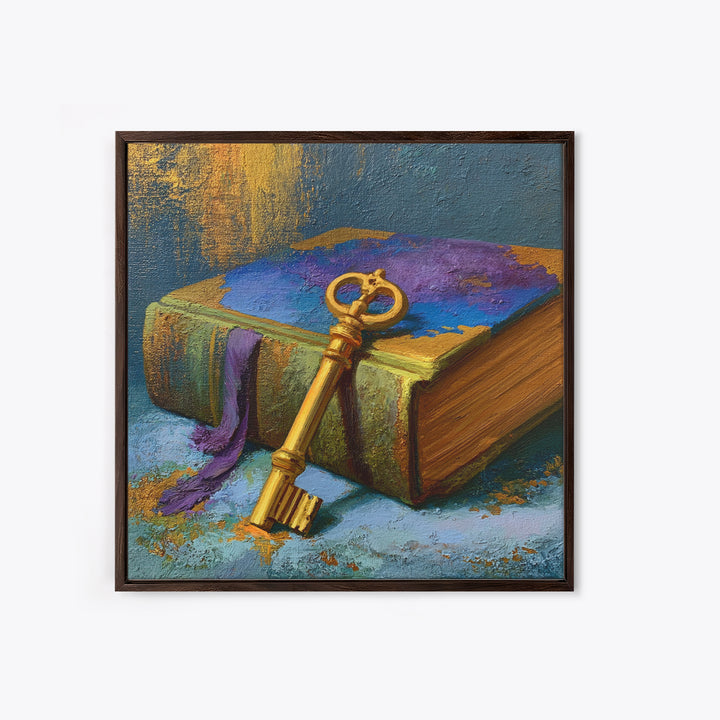 Golden Key and Enchanted Book Still Life Canvas Print, Fairy Tale Art, Painting, Living Room Decor, Fine Art, Storybook, FTA-1x1-81