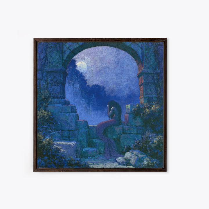 Mermaid Combing Hair Beneath a Pearl Moon Canvas Print, Fairy Tale Art, Kids Room Decor, Living Room Decor, Storybook, FTA-1x1-84