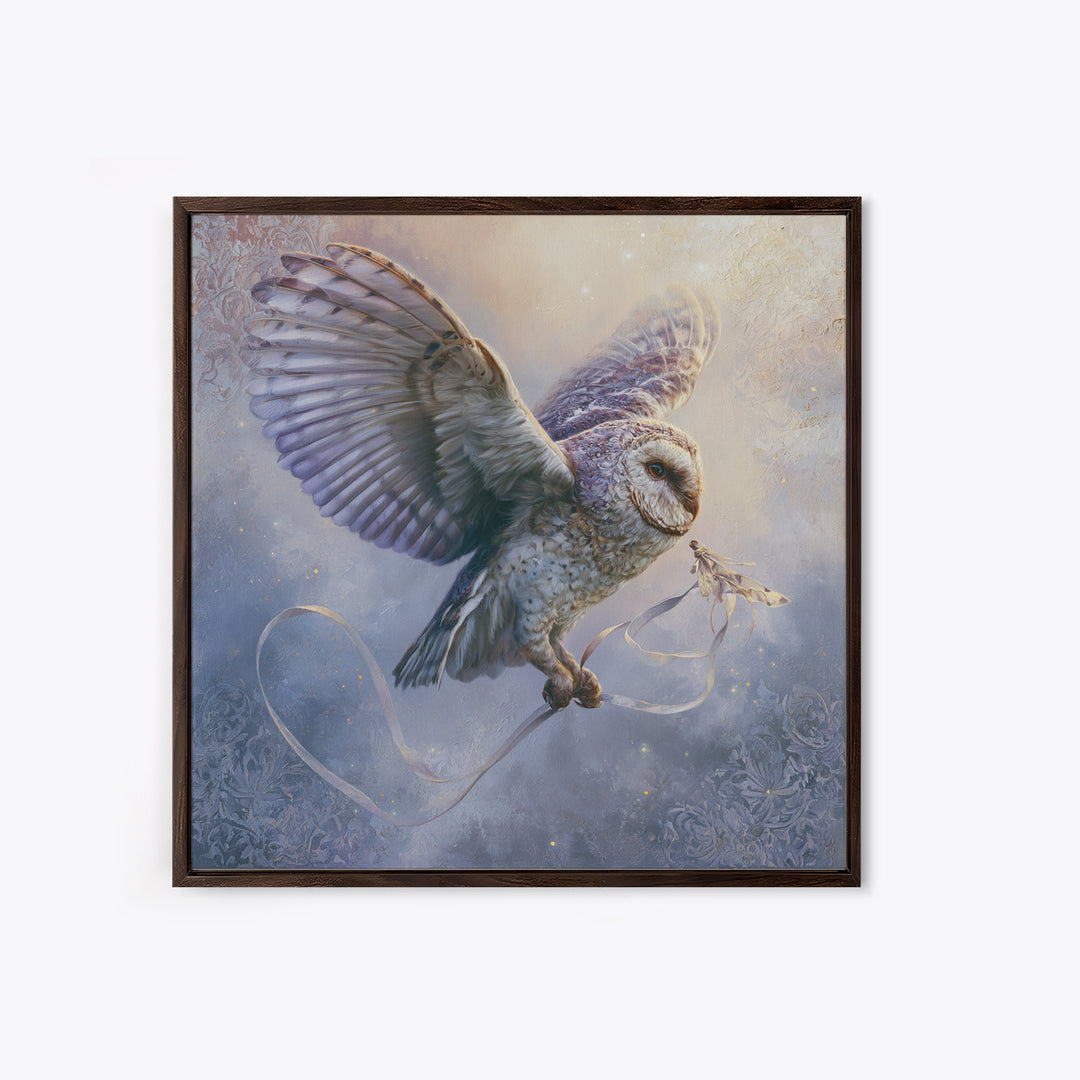 Owl Messenger Carrying a Tiny Ribbon Canvas Print, Fairy Tale Art, Contemporary Art, Living Room Decor, Fine Art, Storybook, FTA-1x1-89