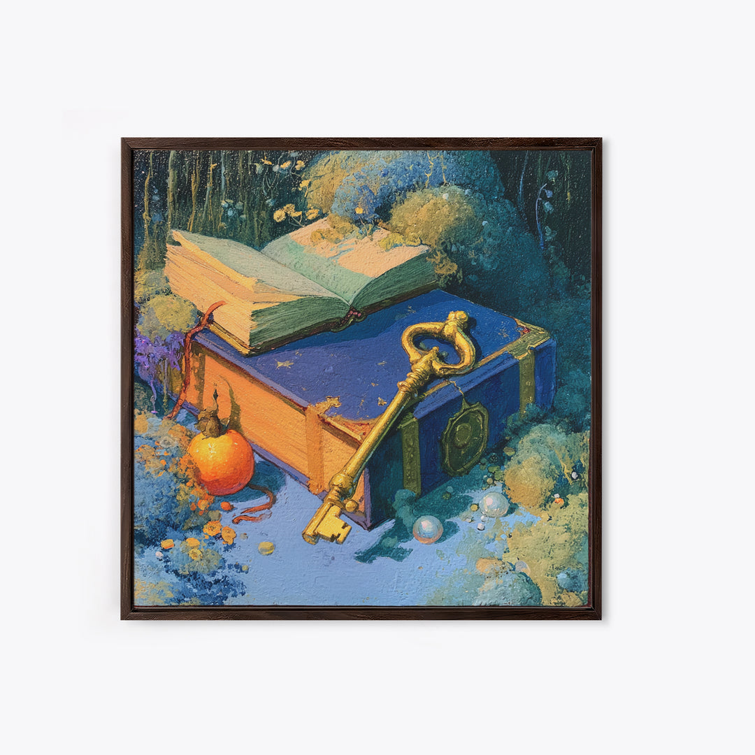 Golden Key and Enchanted Book Still Life Canvas Print, Fairy Tale Art, Statement Artwork, Living Room Decor, Storybook, FTA-1x1-9