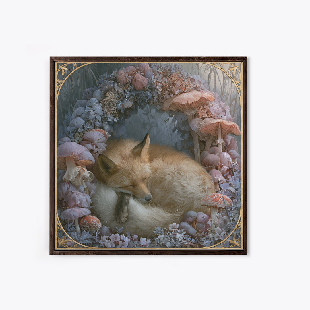 Sleeping Fox Beside a Magical Mushroom Ring Canvas Print, Fairy Tale Art, Painting, Living Room Decor, Fine Art, Storybook, FTA-1x1-99