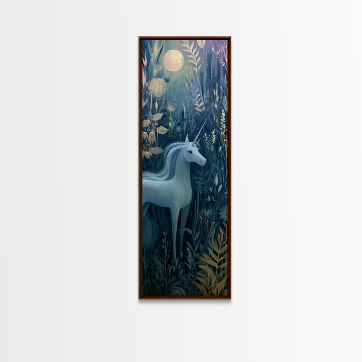 Unicorn in a Moonlit Meadow Canvas Print, Fairy Tale Art, Mixed Media Art, Living Room Decor, Oil Painting, Storybook, FTA-1x3-22