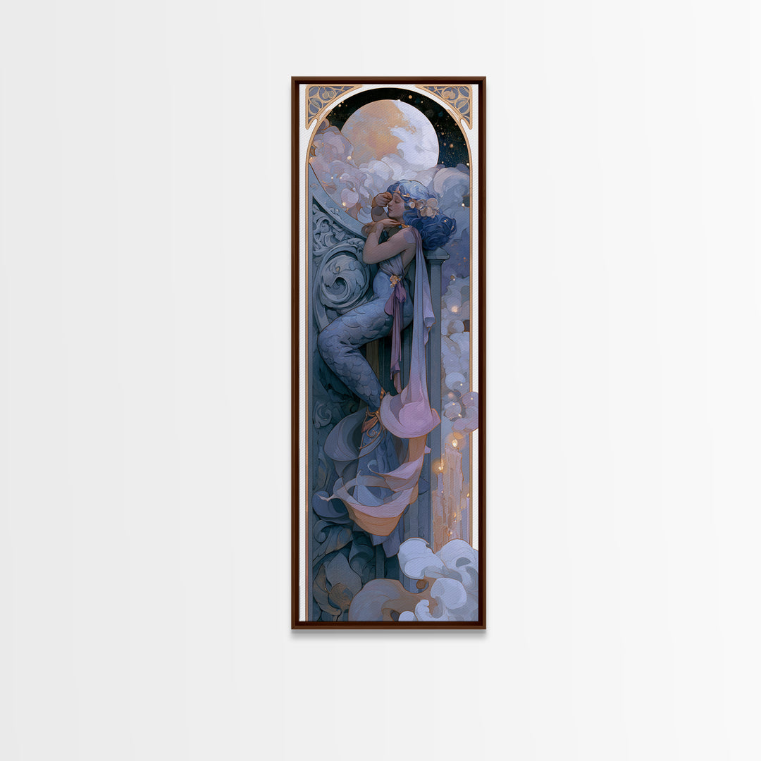 Mermaid Combing Hair Beneath a Pearl Moon Framed Canvas Print, Fairy Tale Art, Painting, Living Room Decor, Fine Art, Storybook, FTA-1x3-24