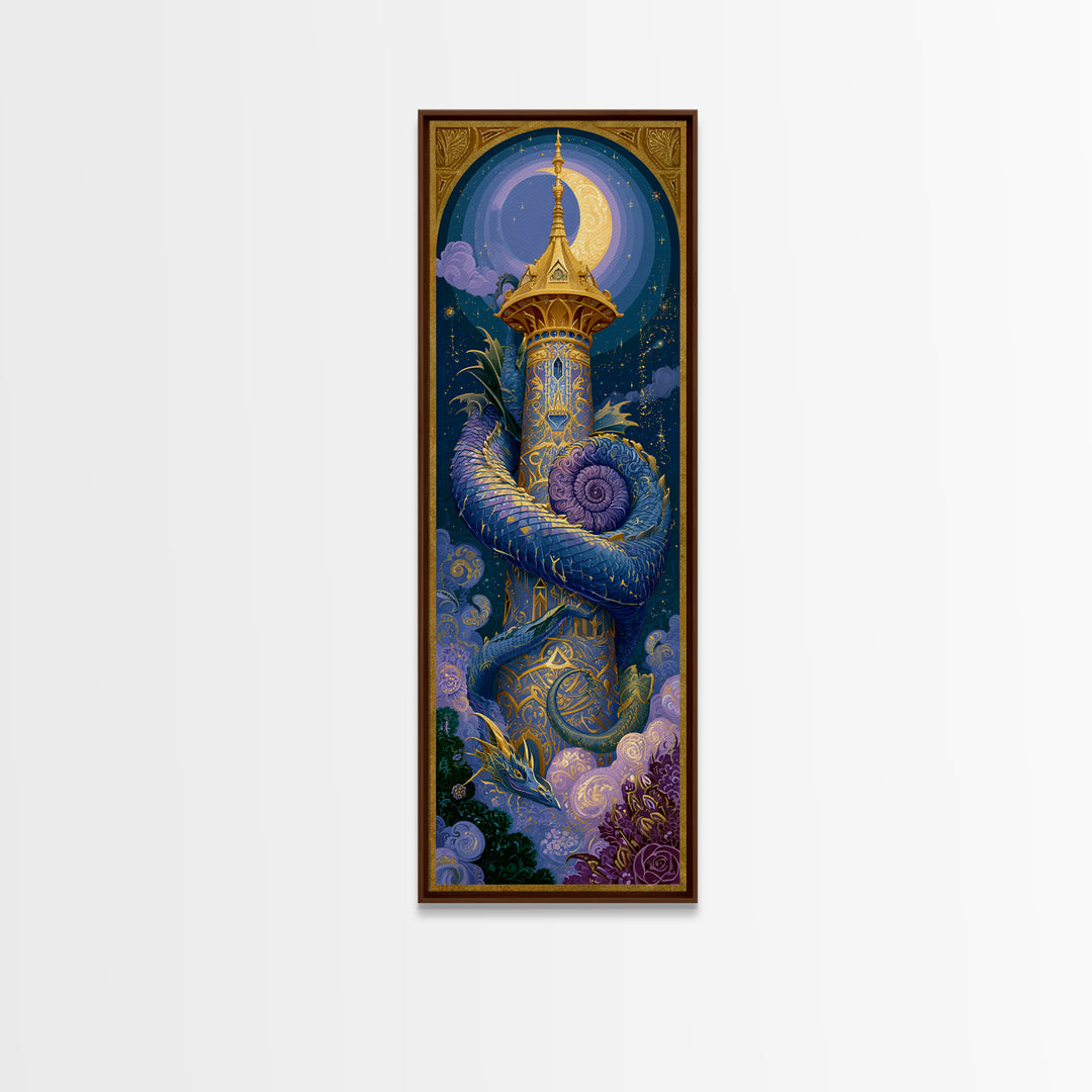 Dragon Curled Around a Jeweled Tower Canvas Print, Fairy Tale Art, Whimsical Wall Art, Living Room Decor, Fine Art, Storybook, FTA-1x3-41