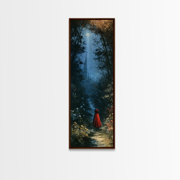 Red Cloak Figure Walking Through Dark Woods Canvas Print, Fairy Tale Art, Original Art, Living Room Decor, Fine Art, Storybook, FTA-1x3-44