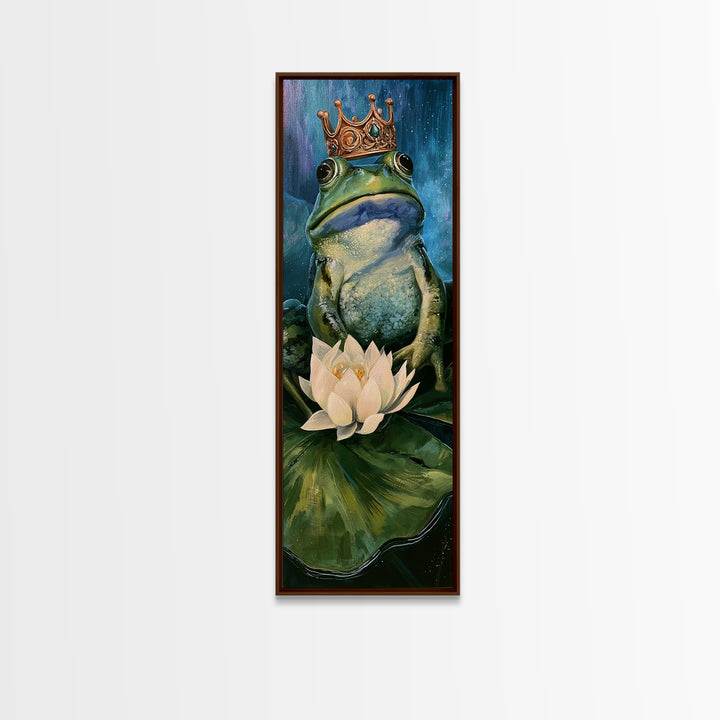 Frog Prince on a Lily Pad Framed Canvas Print, Fairy Tale Art, Whimsical Art, Living Room Decor, Fine Art, Storybook, FTA-1x3-47
