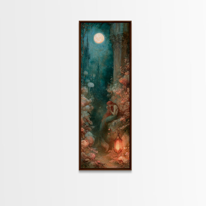 Mermaid Combing Hair Beneath a Pearl Moon Canvas Print, Fairy Tale Art, Nursery Wall Art, Living Room Decor, Watercolor Art, FTA-1x3-48