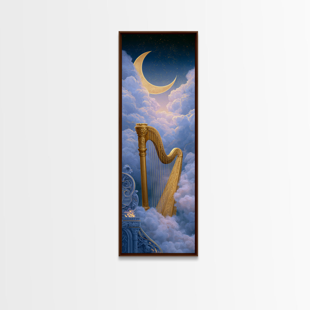 Golden Harp in a Cloud Kingdom Framed Canvas Print, Fairy Tale Art, Art Nouveau Print, Living Room Decor, Watercolor Art, FTA-1x3-58