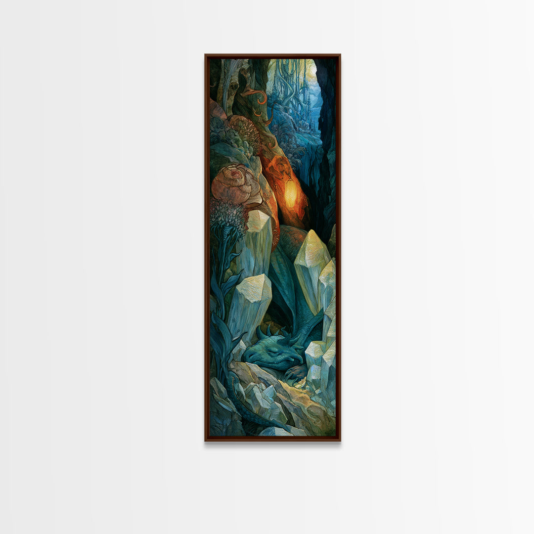 Sleeping Dragon in a Cave of Crystals Canvas Print, Fairy Tale Art, Abstract Art, Living Room Decor, Storybook, Kids Room Art, FTA-1x3-60