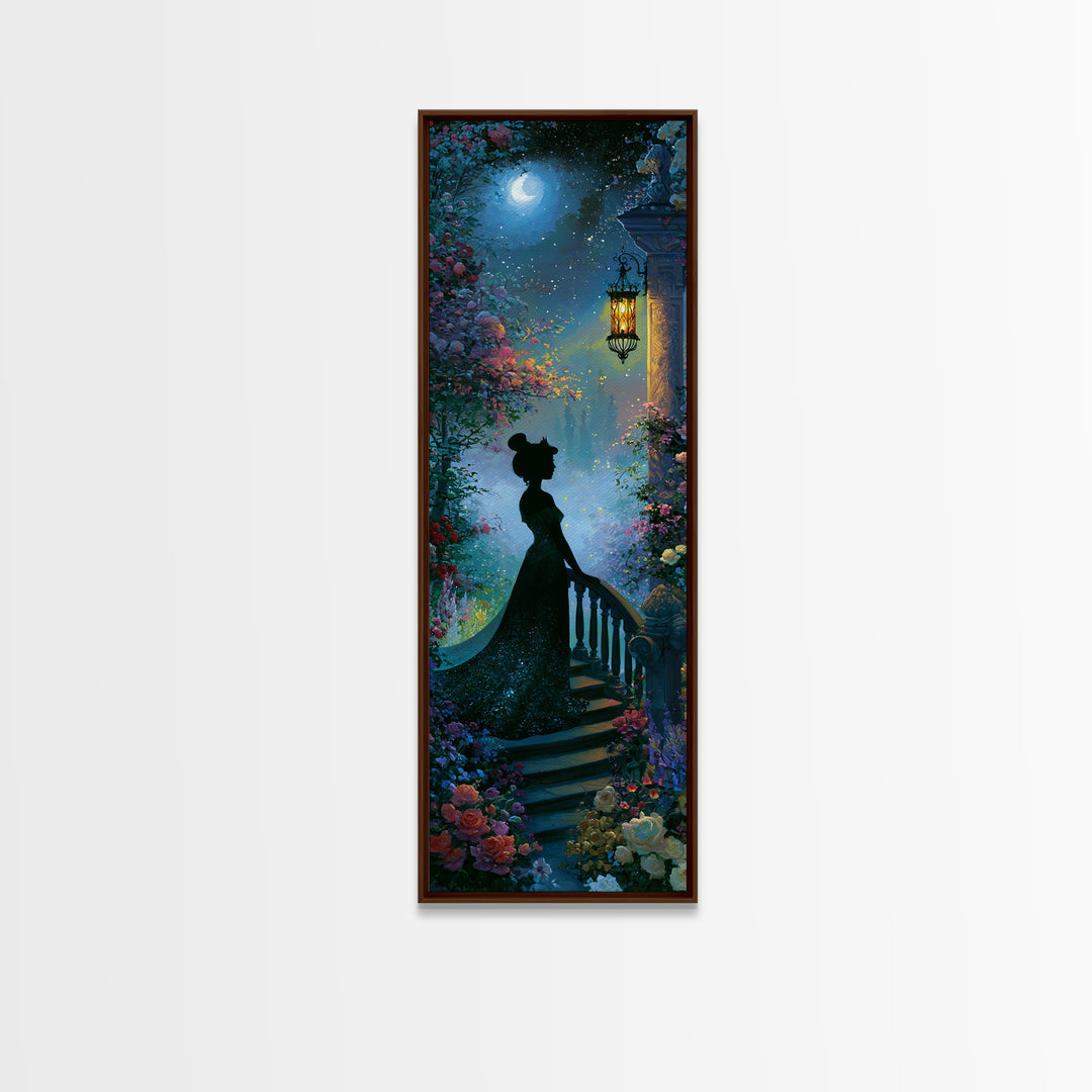 Princess Silhouette with Moonlit Garden Flowers Framed Canvas Print, Fairy Tale Art, Watercolor Art, Living Room Decor, FTA-1x3-64