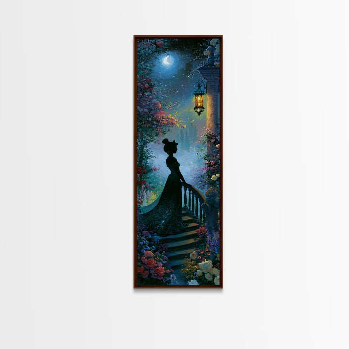 Princess Silhouette with Moonlit Garden Flowers Framed Canvas Print, Fairy Tale Art, Watercolor Art, Living Room Decor, FTA-1x3-64