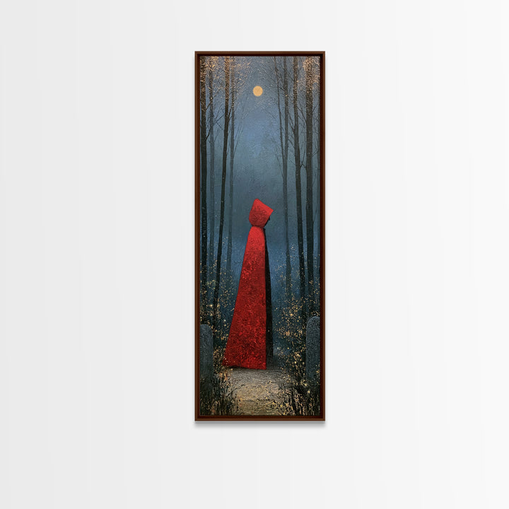 Red Cloak Figure Walking Through Dark Woods Canvas Print, Fairy Tale Art, Whimsical Art, Living Room Decor, Oil Painting, FTA-1x3-68