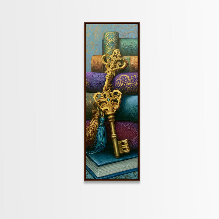 Golden Key and Enchanted Book Still Life Framed Canvas Print, Fairy Tale Art, Wall Art, Living Room Decor, Oil Painting, FTA-1x3-69