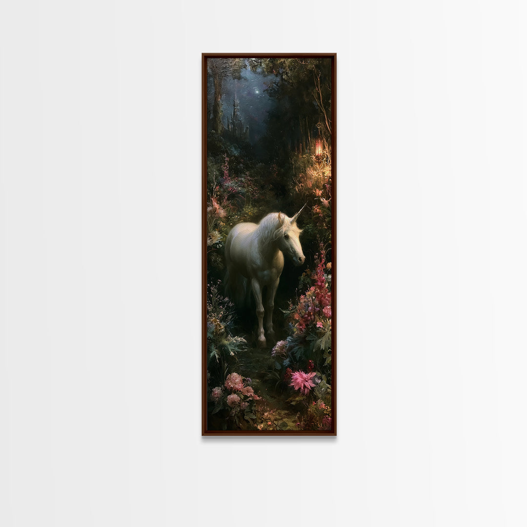 Unicorn in a Moonlit Meadow Framed Canvas Print, Fairy Tale Art, Modern Decor, Living Room Decor, Fine Art, Storybook, FTA-1x3-70