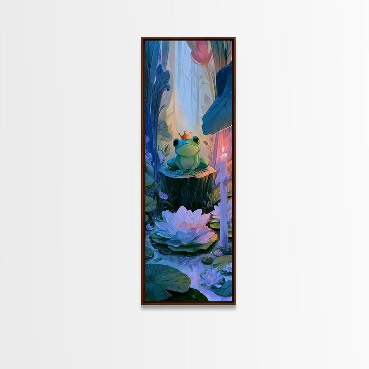 Frog Prince on a Lily Pad Framed Canvas Print, Fairy Tale Art, Gallery Decor, Living Room Decor, Fine Art, Storybook, FTA-1x3-71