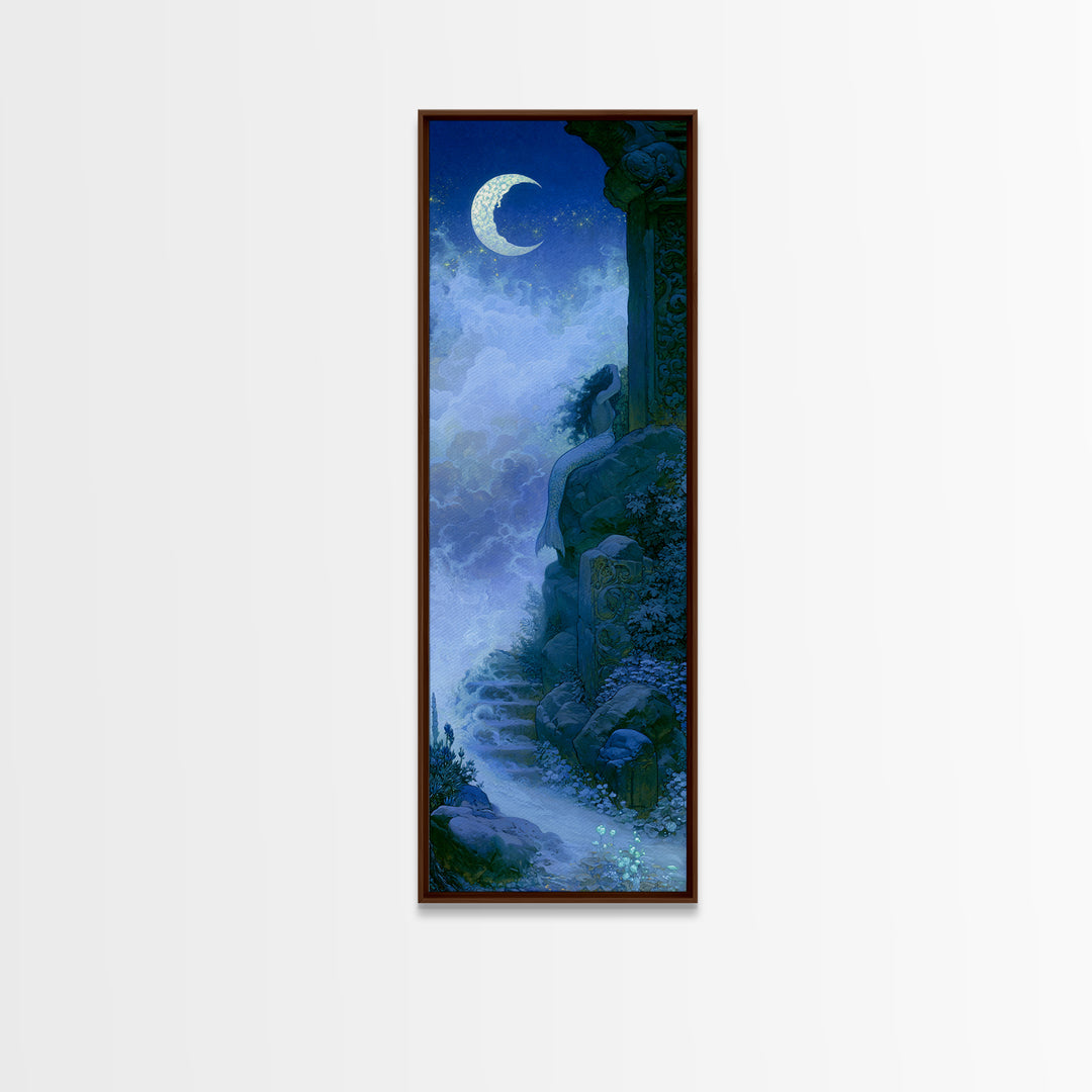 Mermaid Combing Hair Beneath a Pearl Moon Canvas Print, Fairy Tale Art, Folk Art, Living Room Decor, Fine Art, Storybook, FTA-1x3-72