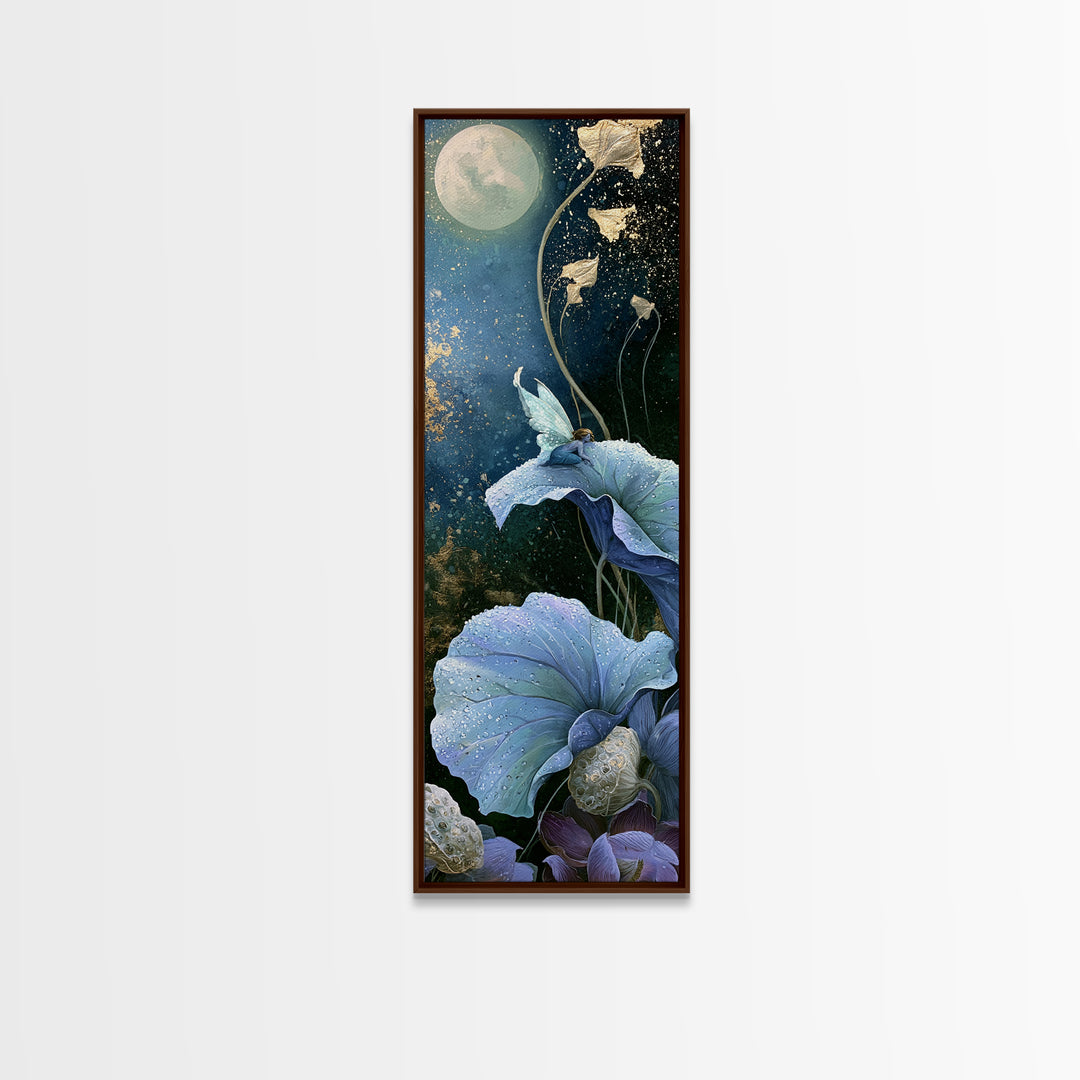 Tiny Fairy Resting on a Dew Covered Framed Canvas Print, Fairy Tale Art, Boho Decor, Living Room Decor, Fine Art, Storybook, FTA-1x3-91