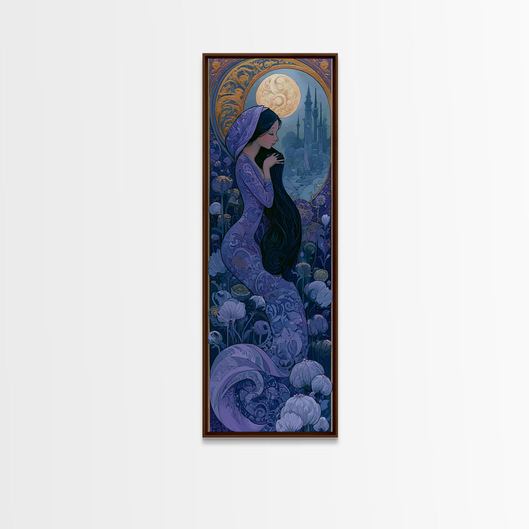 Mermaid Combing Hair Beneath a Pearl Moon Canvas Print, Fairy Tale Art, Kids Room Decor, Living Room Decor, Storybook, FTA-1x3-96