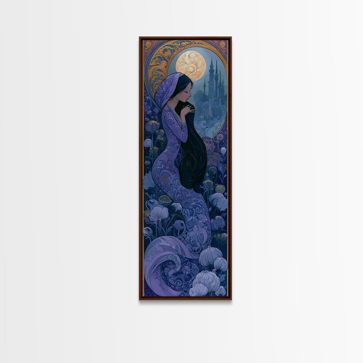 Mermaid Combing Hair Beneath a Pearl Moon Canvas Print, Fairy Tale Art, Kids Room Decor, Living Room Decor, Storybook, FTA-1x3-96