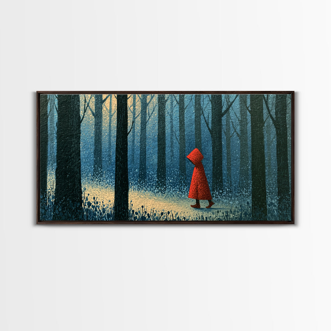 Red Cloak Figure Walking Through Dark Woods Framed Canvas Print, Fairy Tale Art, Dark Art, Living Room Decor, Storybook, FTA-2x1-100
