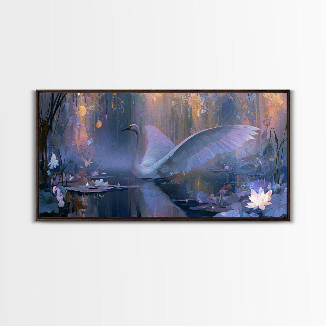 White Swan Transformation Scene Framed Canvas Print, Fairy Tale Art, Folk Art, Living Room Decor, Fine Art, Storybook, FTA-2x1-11