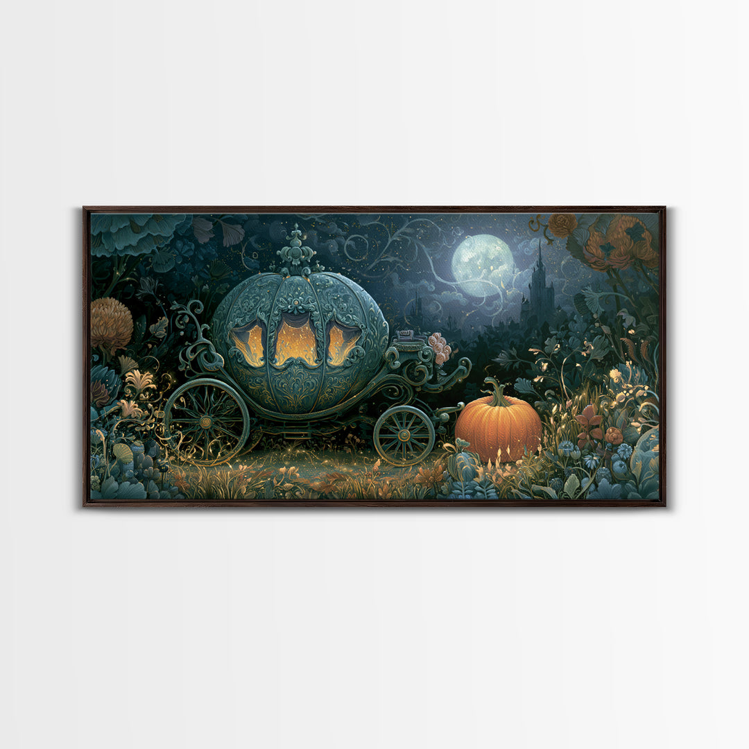 Pumpkin Carriage under Midnight Sky Framed Canvas Print, Fairy Tale Art, Room Decor, Living Room Decor, Fine Art, Storybook, FTA-2x1-12