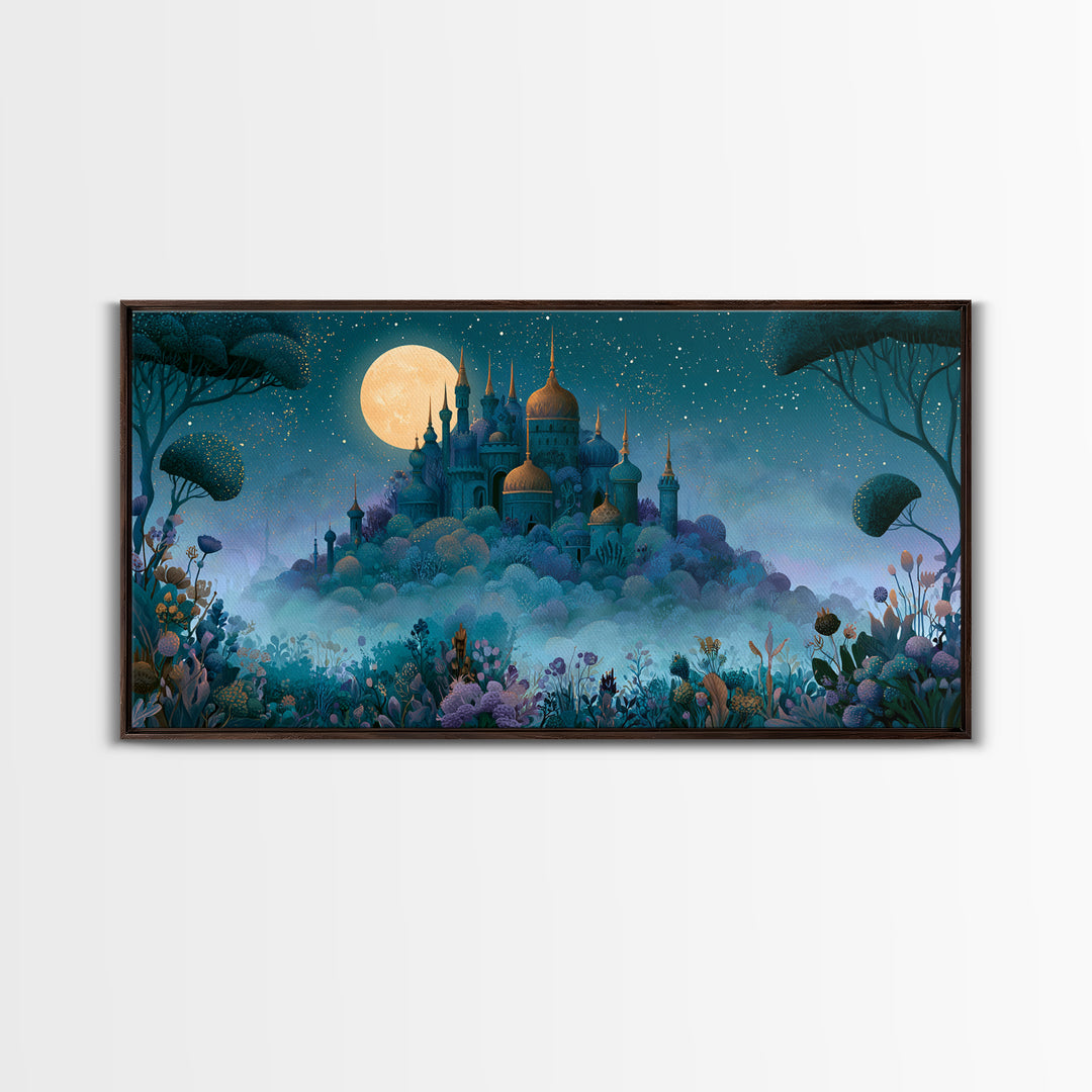 Storybook Castle on a Misty Hill Canvas Print, Fairy Tale Art, Textured Painting, Living Room Decor, Fine Art, Storybook, FTA-2x1-22
