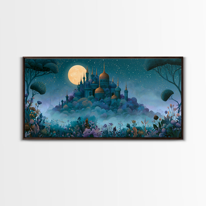 Storybook Castle on a Misty Hill Canvas Print, Fairy Tale Art, Textured Painting, Living Room Decor, Fine Art, Storybook, FTA-2x1-22