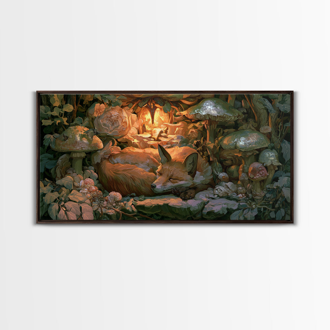Sleeping Fox Beside a Magical Mushroom Ring Canvas Print, Fairy Tale Art, Nursery Wall Art, Living Room Decor, Storybook, FTA-2x1-23