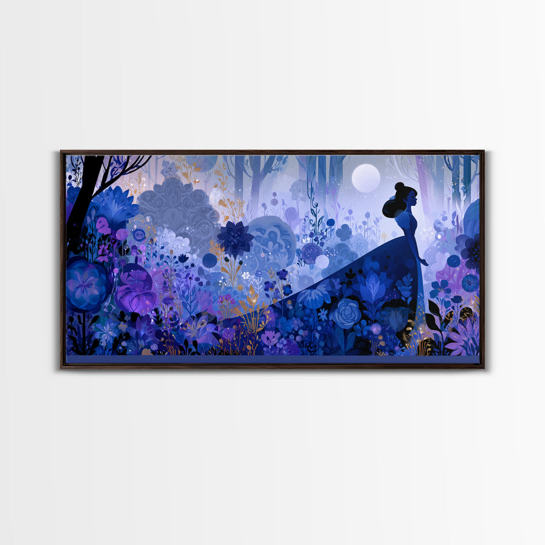 Princess Silhouette with Moonlit Garden Flowers Canvas Print, Fairy Tale Art, Minimalist Decor, Living Room Decor, Storybook, FTA-2x1-24