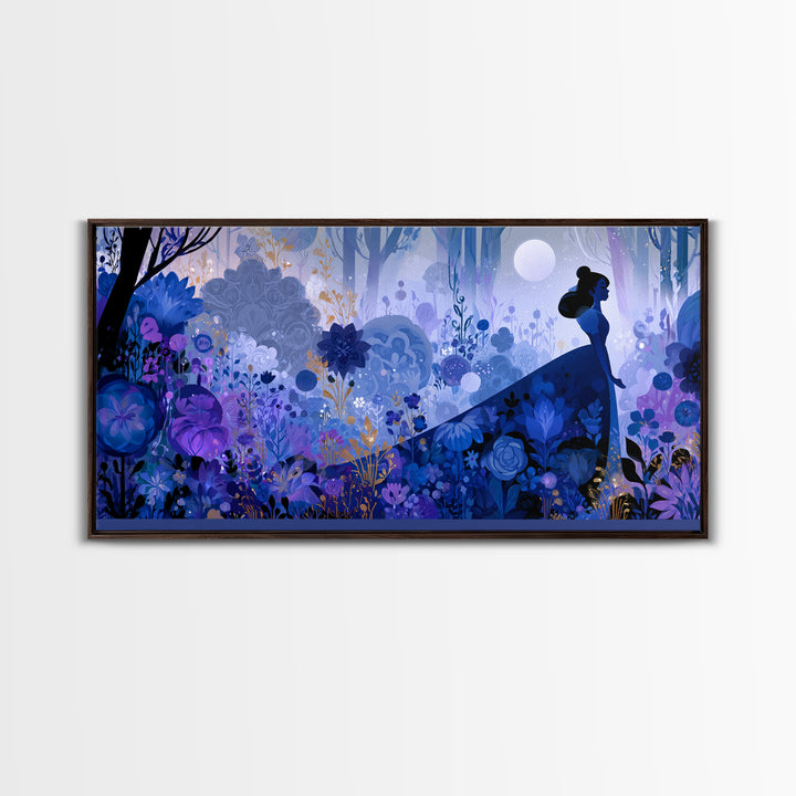 Princess Silhouette with Moonlit Garden Flowers Canvas Print, Fairy Tale Art, Minimalist Decor, Living Room Decor, Storybook, FTA-2x1-24