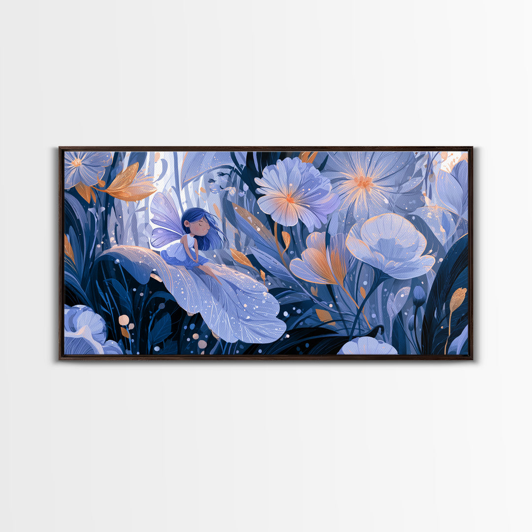 Tiny Fairy Resting on a Dew Covered Framed Canvas Print, Fairy Tale Art, Boho Decor, Living Room Decor, Fine Art, Storybook, FTA-2x1-27