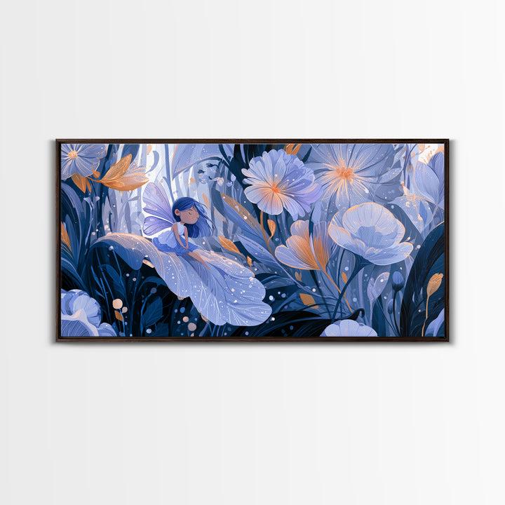 Tiny Fairy Resting on a Dew Covered Framed Canvas Print, Fairy Tale Art, Boho Decor, Living Room Decor, Fine Art, Storybook, FTA-2x1-27