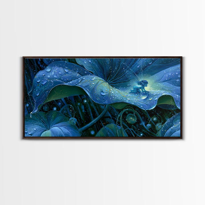 Tiny Fairy Resting on a Dew Covered Framed Canvas Print, Fairy Tale Art, Printable Art, Living Room Decor, Oil Painting, FTA-2x1-3
