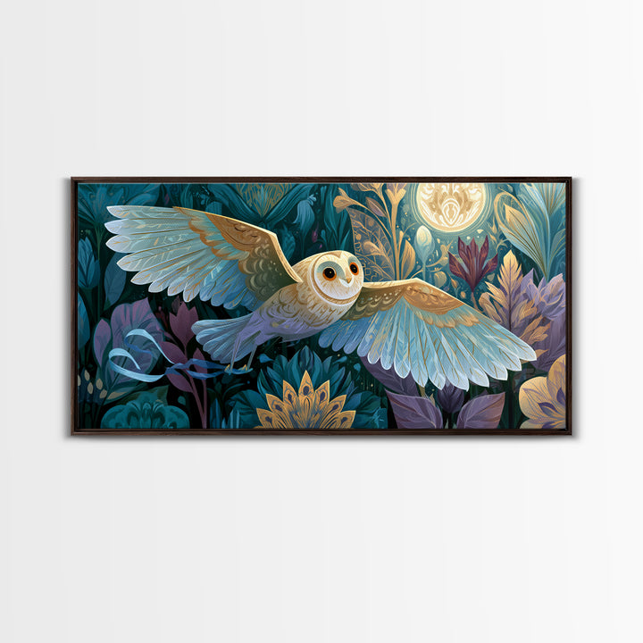 Owl Messenger Carrying a Tiny Ribbon Framed Canvas Print, Fairy Tale Art, Art Print, Living Room Decor, Fine Art, Storybook, FTA-2x1-37