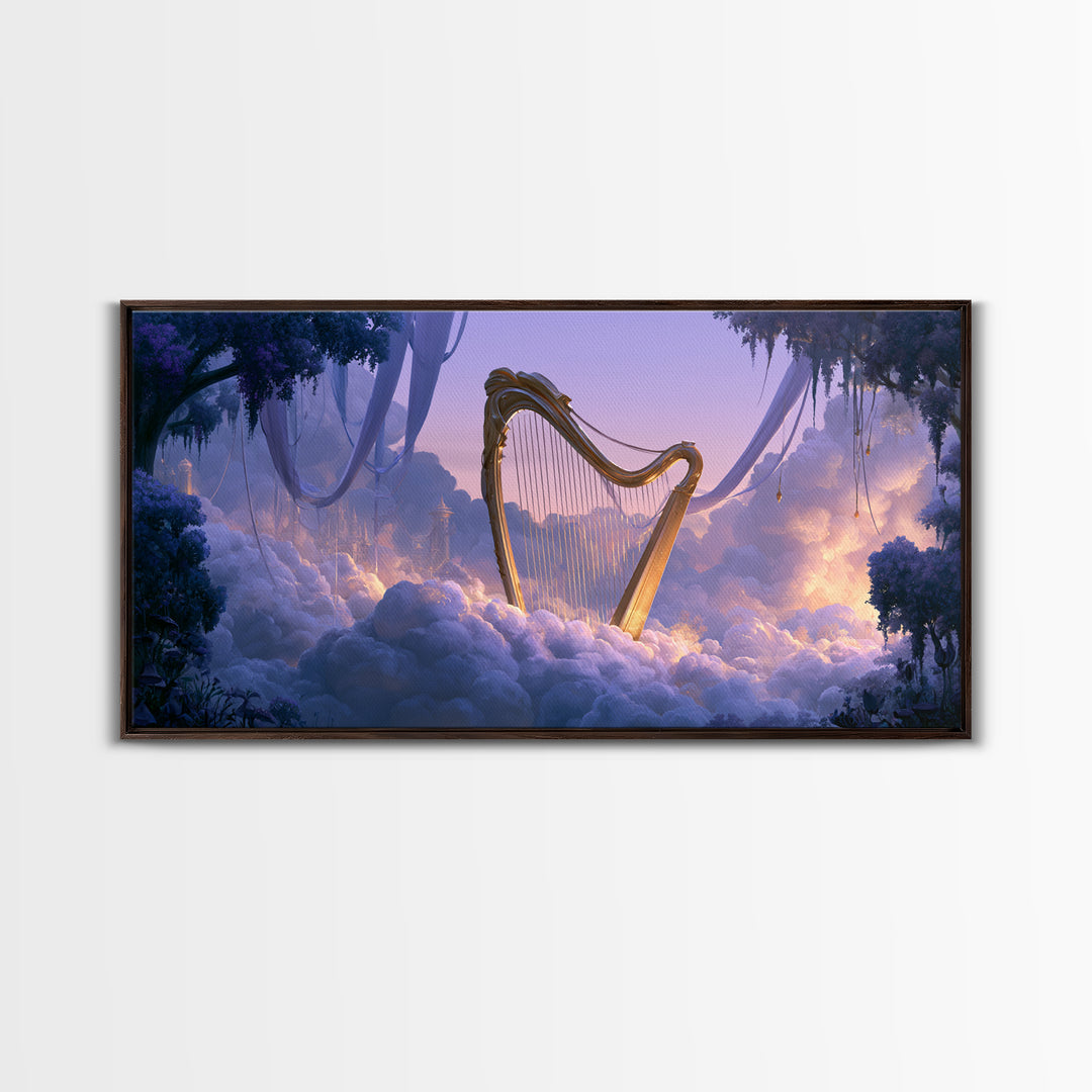 Golden Harp in a Cloud Kingdom Framed Canvas Print, Fairy Tale Art, Room Decor, Living Room Decor, Fine Art, Storybook, FTA-2x1-42