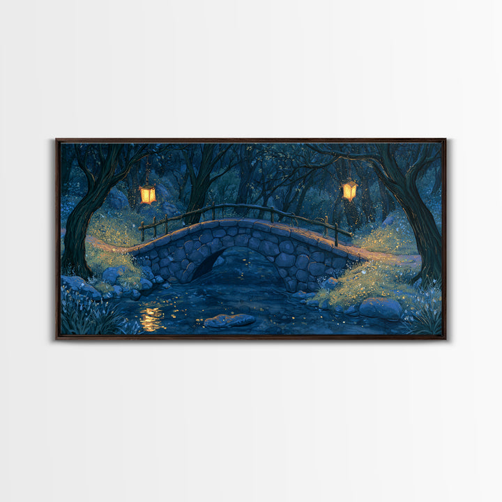 Lantern Lit Bridge Framed Canvas Print, Fairy Tale Art, Original Art, Living Room Decor, Fine Art, Storybook, Folk Art, FTA-2x1-43