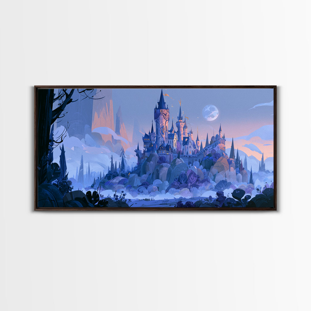 Storybook Castle on a Misty Hill Framed Canvas Print, Fairy Tale Art, Wall Decor, Living Room Decor, Fine Art, Storybook, FTA-2x1-46