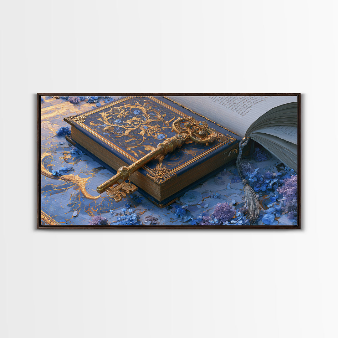 Golden Key and Enchanted Book Still Life Canvas Print, Fairy Tale Art, Nursery Wall Art, Living Room Decor, Storybook, FTA-2x1-5
