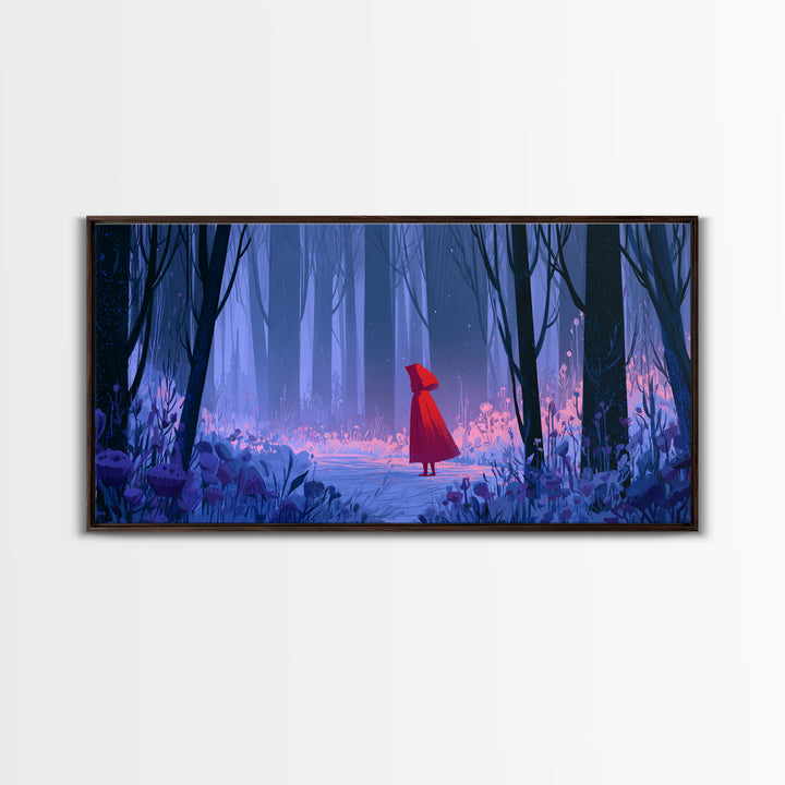 Red Cloak Figure Walking Through Dark Woods Canvas Print, Fairy Tale Art, Art Print, Living Room Decor, Oil Painting, Storybook, FTA-2x1-52
