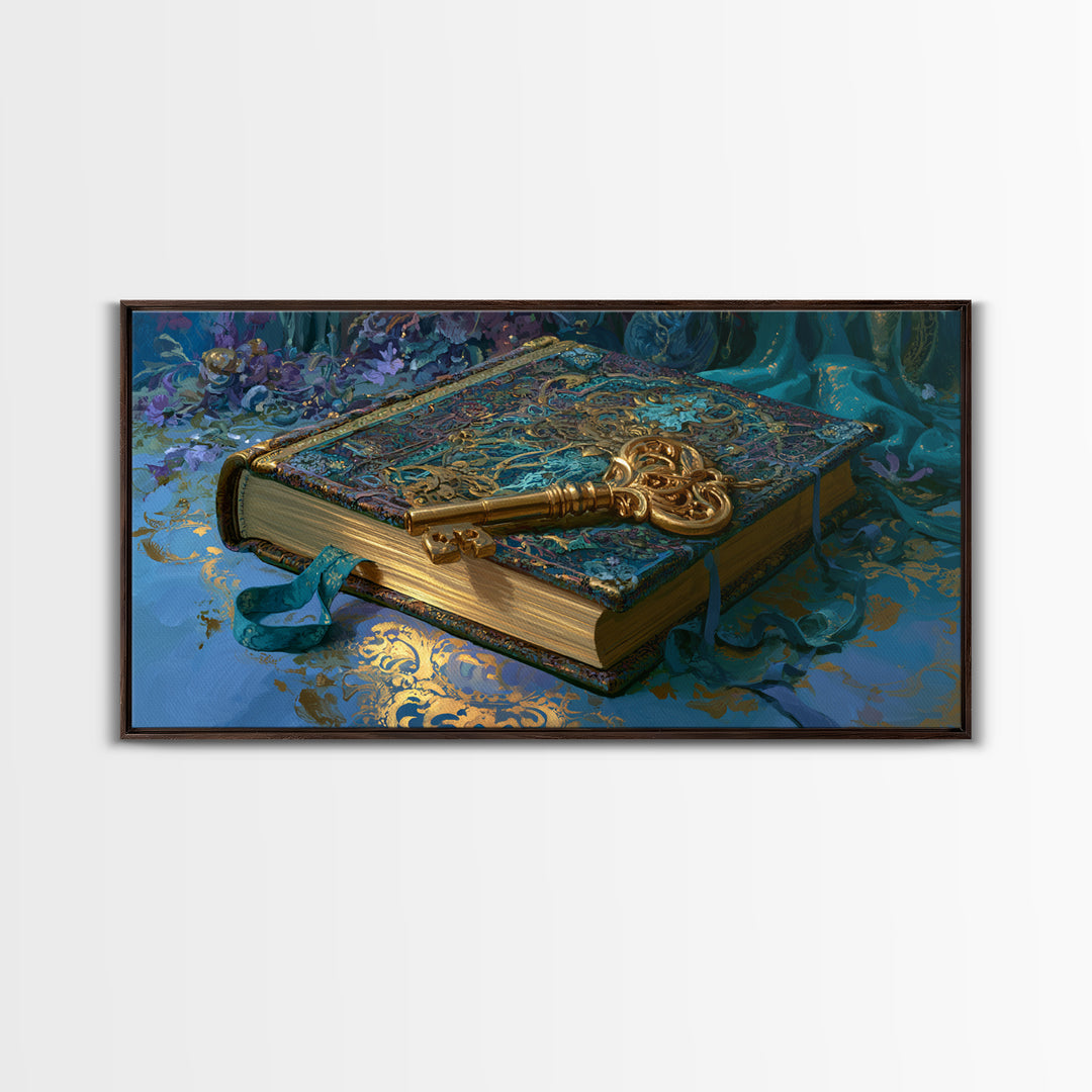 Golden Key and Enchanted Book Still Life Canvas Print, Fairy Tale Art, Boho Wall Art, Living Room Decor, Oil Painting, FTA-2x1-53