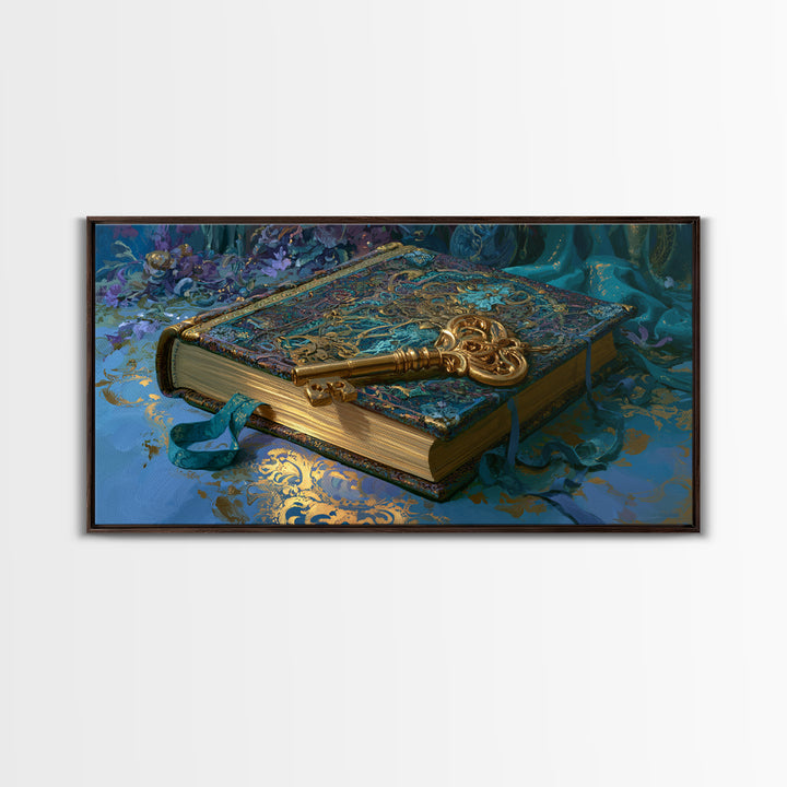 Golden Key and Enchanted Book Still Life Canvas Print, Fairy Tale Art, Boho Wall Art, Living Room Decor, Oil Painting, FTA-2x1-53