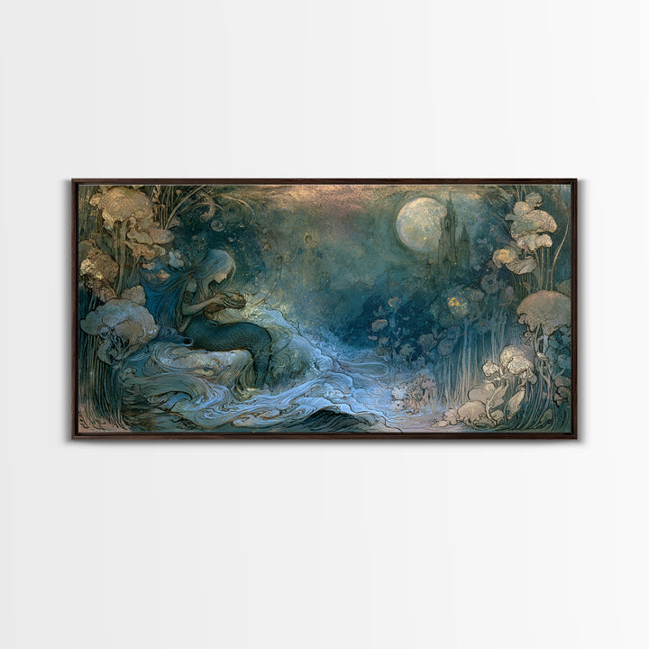 Mermaid Combing Hair Beneath a Pearl Moon Canvas Print, Fairy Tale Art, Printable Wall Art, Living Room Decor, Storybook, FTA-2x1-56