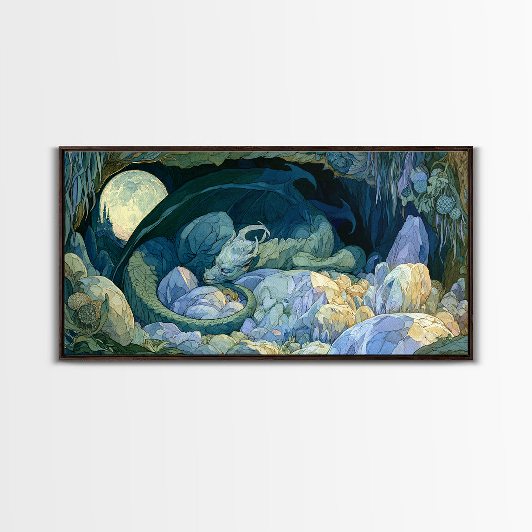 Sleeping Dragon in a Cave of Crystals Canvas Print, Fairy Tale Art, Nursery Wall Art, Living Room Decor, Watercolor Art, FTA-2x1-68