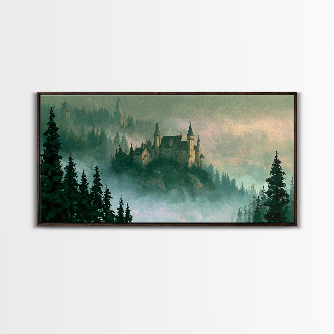 Storybook Castle on a Misty Hill Canvas Print, Fairy Tale Art, Original Art, Living Room Decor, Fine Art, Storybook, Folk Art, FTA-2x1-70