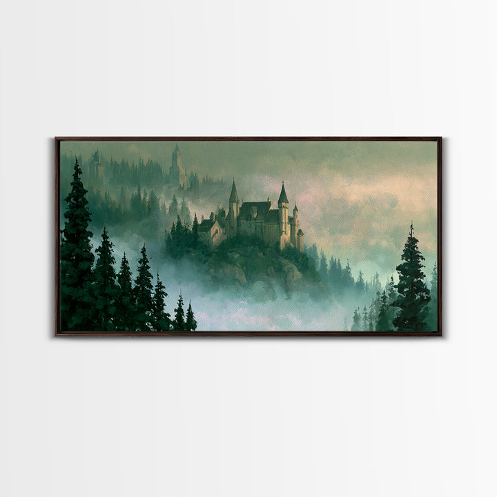 Storybook Castle on a Misty Hill Canvas Print, Fairy Tale Art, Original Art, Living Room Decor, Fine Art, Storybook, Folk Art, FTA-2x1-70