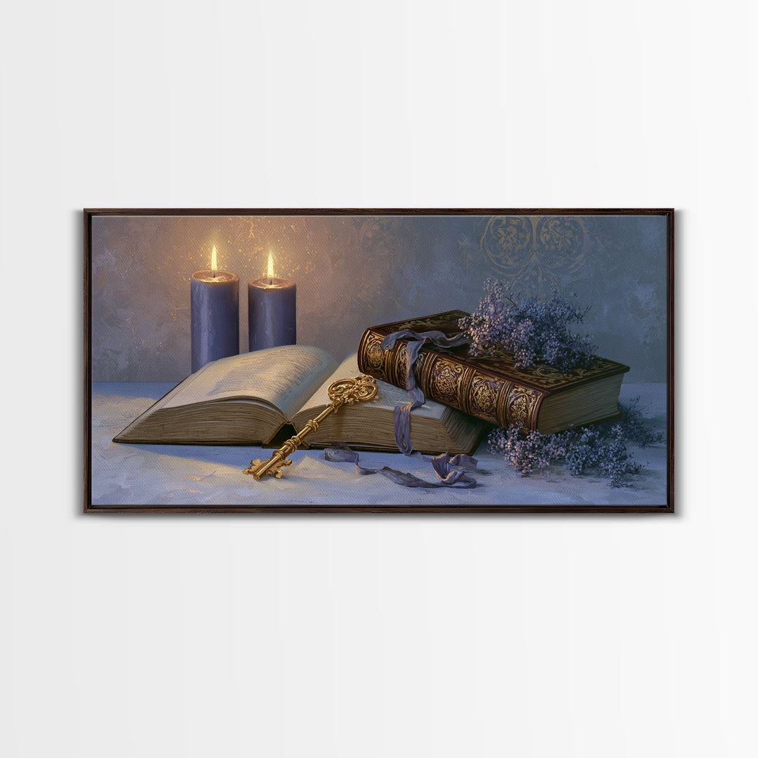 Golden Key and Enchanted Book Still Life Canvas Print, Fairy Tale Art, Boho Wall Art, Living Room Decor, Oil Painting, FTA-2x1-77