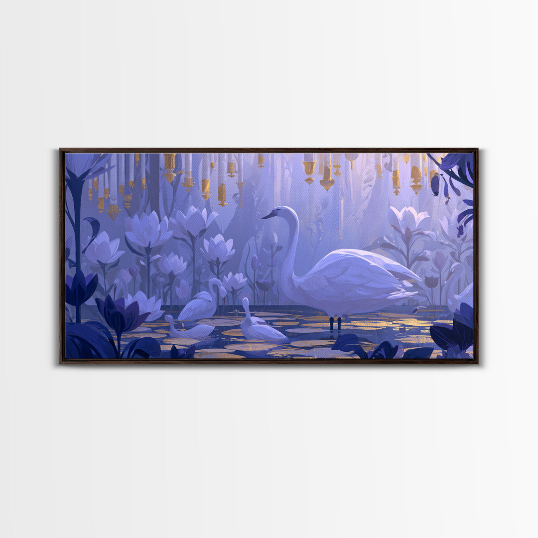 White Swan Transformation Scene Framed Canvas Print, Fairy Tale Art, Painting, Living Room Decor, Fine Art, Storybook, FTA-2x1-83